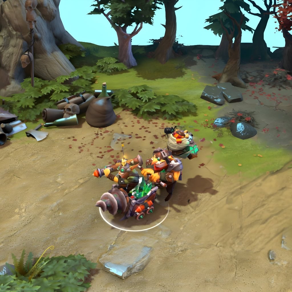 Techies shown in-game wearing the Primer of the Sapper's Guile set. The custom minecart, luminous green crystals, and detailed sapper models with mining gear are clearly visible, showcasing the set's unique and chaotic mining expedition theme.