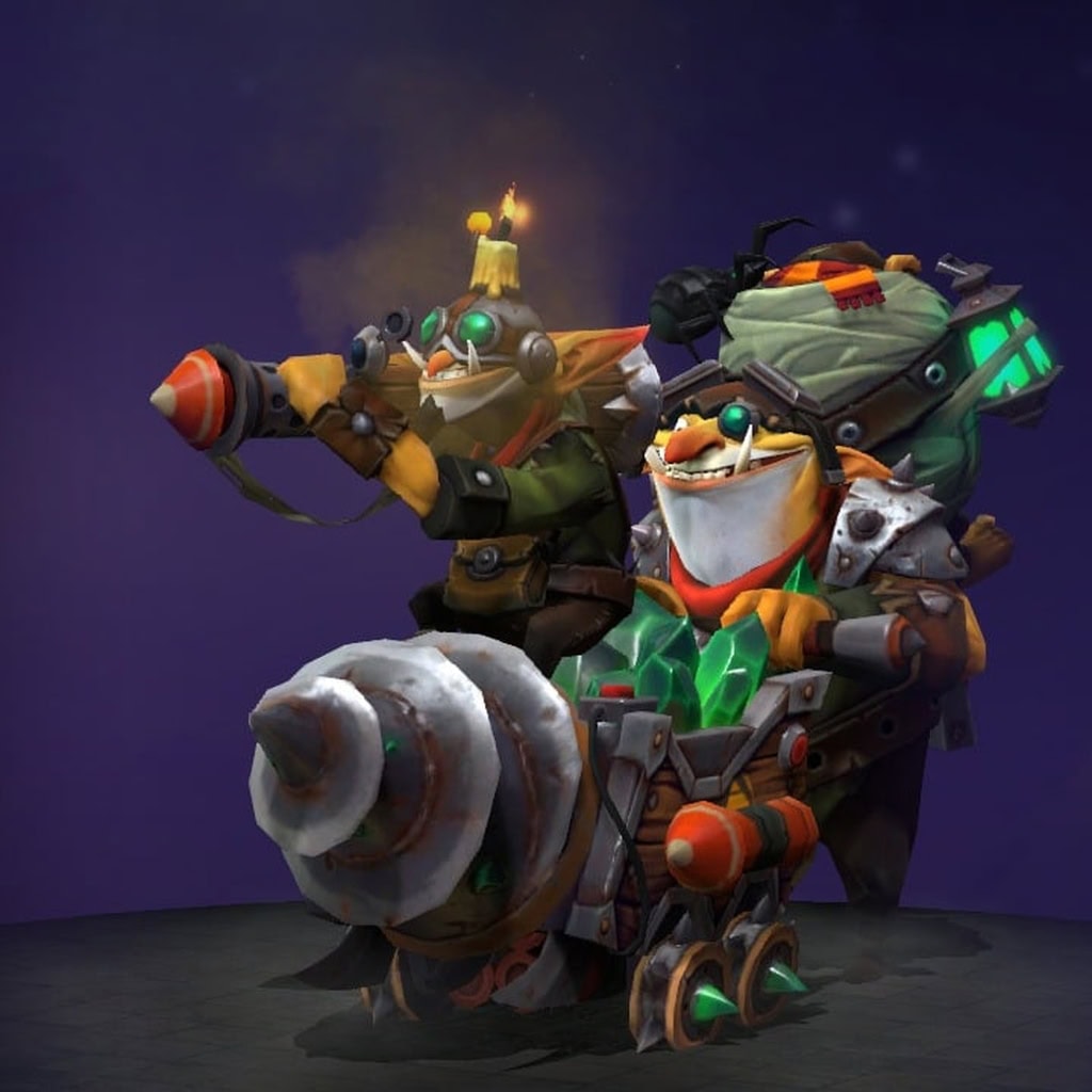 Techies' "Primer of the Sapper's Guile" The International 2018 Collector's Cache set. Transforms the Demolition Squad into master sappers on a mining expedition. Features a custom minecart overflowing with luminous green crystals, interchangeable armament (drill or cannon), and detailed sapper models with mining gear.