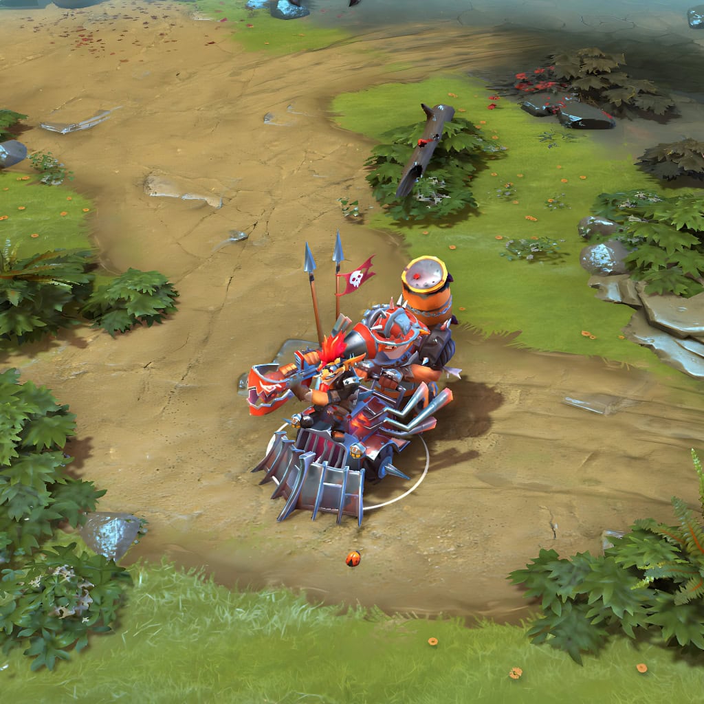 Techies shown in-game wearing the War Rig Eradicators set. The formidable, spike-plated armored vehicle, the massive custom cannon manned by a red-haired Spleen, and the overall scrap-metal engineering are all clearly visible, showcasing the set's full demolition crew presence in any match.