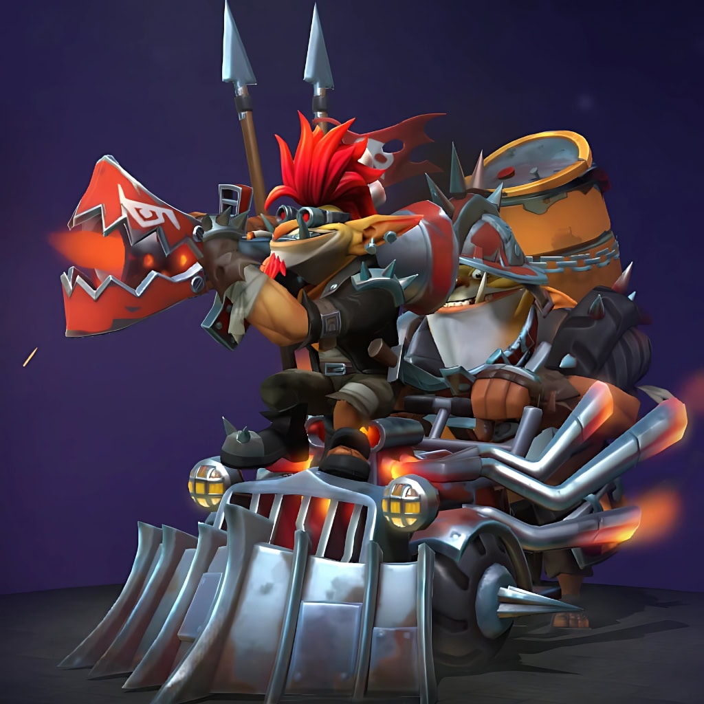 Techies' "War Rig Eradicators" Diretide 2022 Collector's Cache II set. This cosmetic replaces their cart with a formidable, spike-plated armored vehicle fit for wasteland warfare. A maniacal, red-haired Spleen with goggles mans a massive, custom-built cannon, while an armored Spoon pilots the scrap-metal masterpiece, transforming the trio into a true demolition crew.