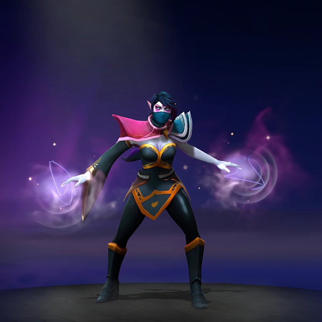 The default skin of Templar Assassin, shown for comparison with the Steward of the Forbidden Chamber set. This highlights the transformation from her covert operative appearance to the set's knightly armor, Guardian's Helm, and psionic energy blades.