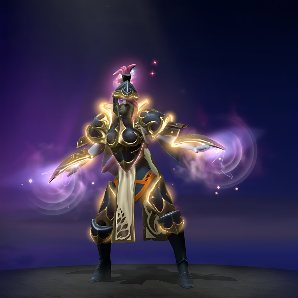 Templar Assassin's Steward of the Forbidden Chamber set in dark plate armor with a crimson plume helm and purple psionic energy.