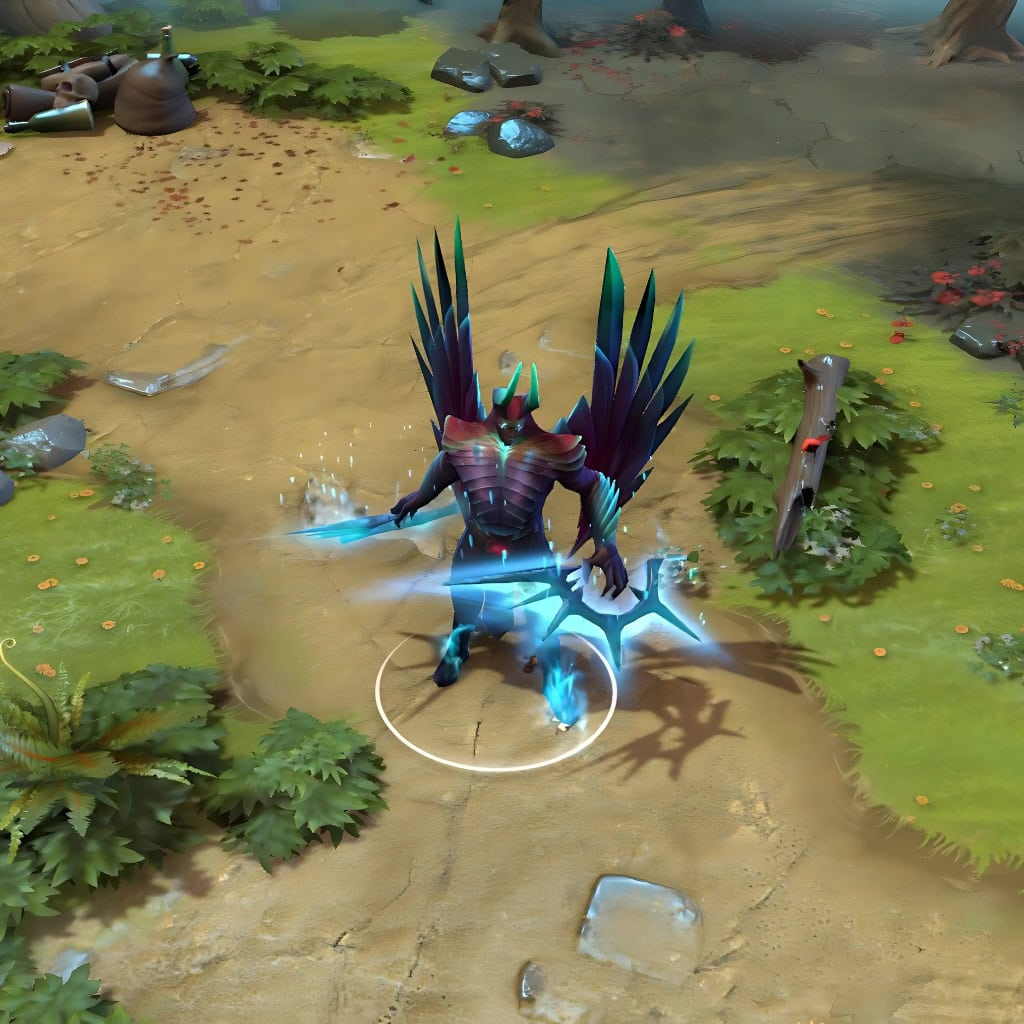A gameplay screenshot of Terrorblade's default model in Dota 2. This serves as a baseline to contrast with the enhanced in-game visuals, unique glowing cyan wings, crystalline blades, and the terrifying demonic Metamorphosis form of the Forgotten Station cosmetic set.