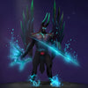 The default skin of Terrorblade, shown for comparison with the Forgotten Station set. This highlights the transformation into a spectral aristocrat with regal attire, glowing cyan wings, crystalline blades, and a monstrous Metamorphosis form.