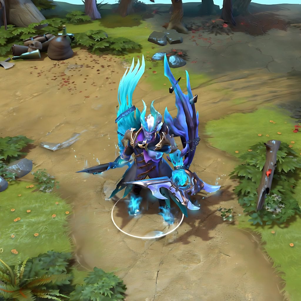 Terrorblade shown in-game wearing the Forgotten Station set. The regal dark greatcoat with gold accents, magnificent glowing cyan wings, and crystalline blades crackling with otherworldly energy are clearly visible, showcasing the set's striking visual overhaul and its terrifying Metamorphosis form with a spectral skeletal core.
