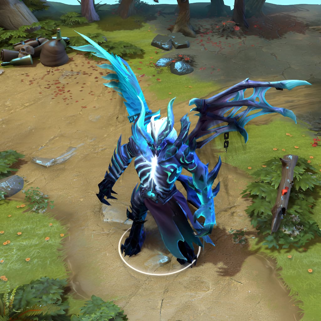 Terrorblade's "Forgotten Station" Diretide 2022 Collector's Cache set shown in its custom Metamorphosis form. He transforms into a ghastly demonic entity with a hulking, intimidating presence, spectral skeletal core, and ribcage bursting with an intense inner cyan glow, complemented by magnificent glowing cyan wings.