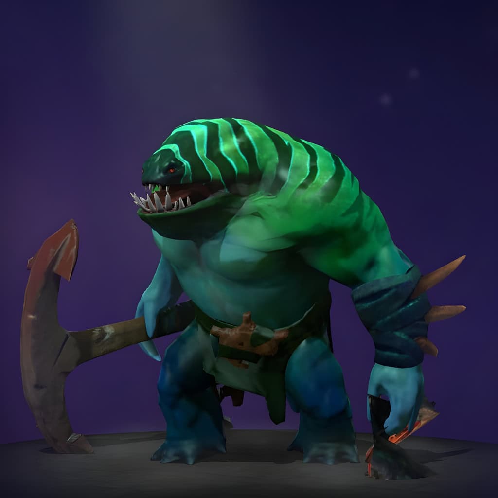 The default skin of Tidehunter, shown for comparison with the Poacher's Bane set. This highlights the transformation into a formidable, armored guardian with a sea turtle helm, imposing spiked carapace armor, a brutal spiked cudgel, and a unique fish off-hand.