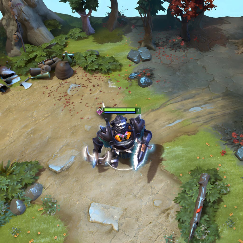 Gameplay screenshot showcasing the Clearcut Cavalier set for Timbersaw from The International 10 Collector's Cache II, highlighting its full knight mech model, anti-tree crusade sigil, and custom knightly weapons in action.