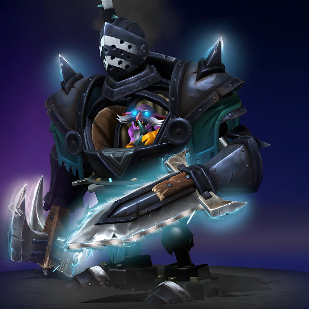 Image of the Clearcut Cavalier cosmetic set for Timbersaw, from The International 10 Collector's Cache II in Dota 2, featuring a full knight mech model, a shield with an anti-tree crusade sigil, and custom knightly weapons.