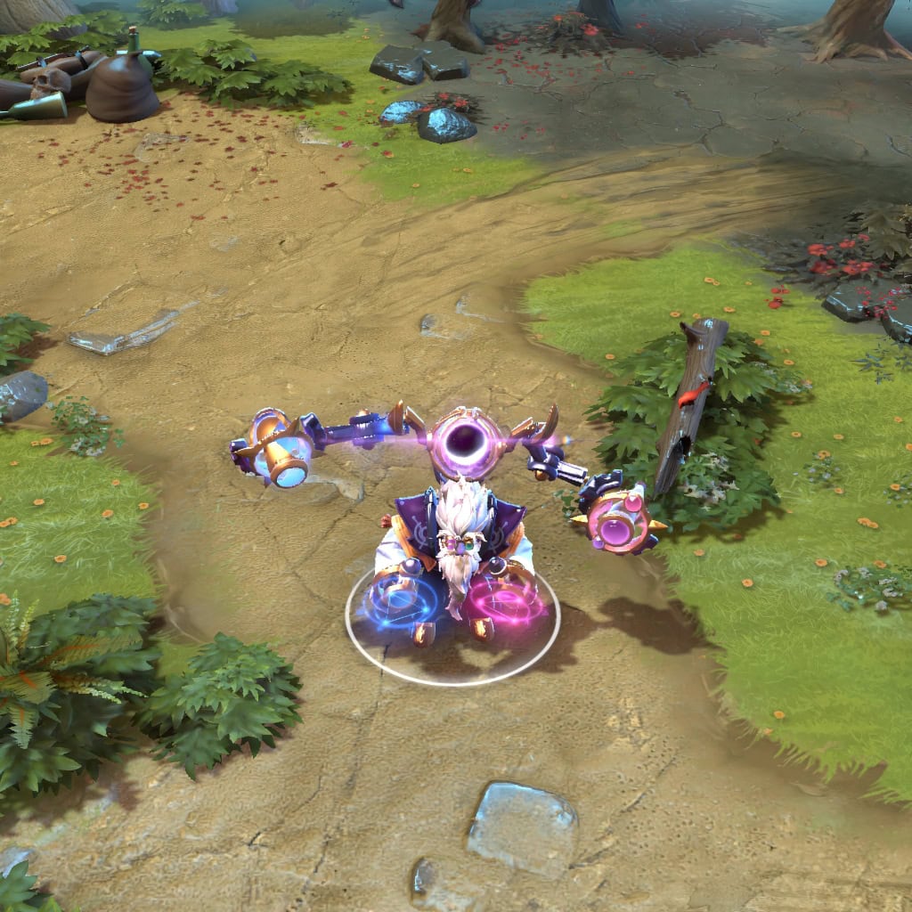 Tinker shown in-game wearing the Astrarium set. The white-bearded astronomer model, the back-mounted singularity core with its gravitational lens effect, and the cosmic weaponry glowing with blue and magenta nebulae are clearly visible, showcasing the set's full impact.