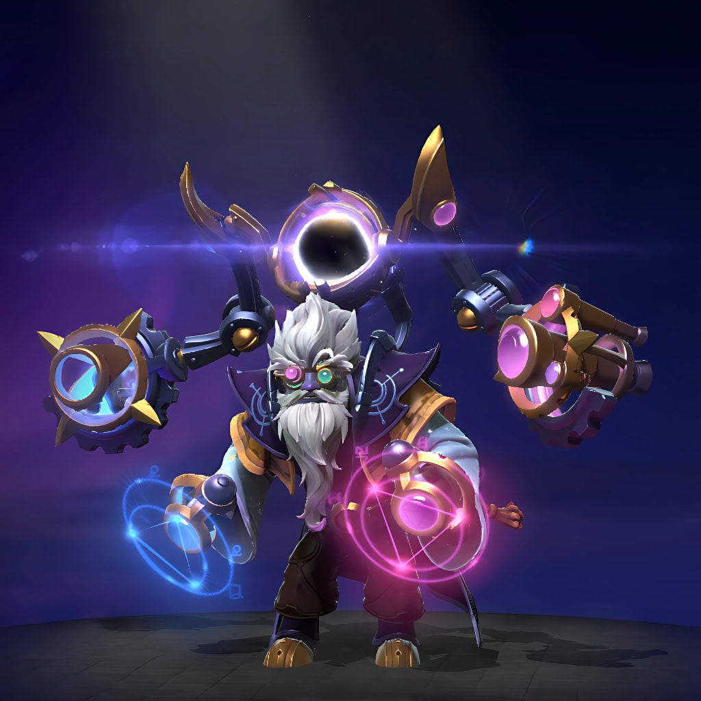Tinker's "Astrarium" Cosmic 2025 Heroes Hoard set. Transforms him into a white-bearded astronomer with chronoscopic goggles, featuring a back-mounted singularity generator that harnesses a miniature black hole, and cosmic weaponry containing swirling blue and magenta nebulae.