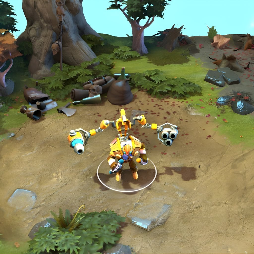 A gameplay screenshot of Tinker's default model in Dota 2. This serves as a baseline to contrast with the enhanced in-game visuals and unique underwater machinery aesthetic of the Submerged Hazard cosmetic set.