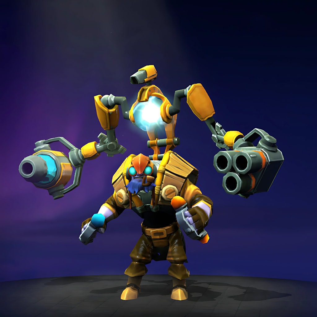 The default skin of Tinker, shown for comparison with the Submerged Hazard set. This highlights the complete transformation from his standard workshop appearance to a heavy, deep-sea automaton with custom aquatic armaments.