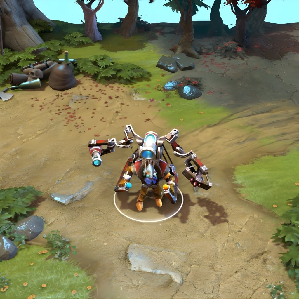 Tinker in-game wearing the Fortified Fabricator set from The International 2016 Collector's Cache. The scrap-built armor, glowing dual-lensed goggles, massive blue-pulsating backpack reactor, and rustic-mechanical arms are clearly visible, showcasing its full impact.