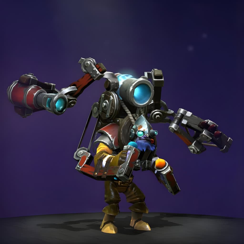 Tinker's "Fortified Fabricator" The International 2016 Collector's Cache set. Reimagines Tinker as a rugged inventor in scrap-built armor. Features a unique helmet with glowing dual-lensed goggles, a massive backpack reactor pulsating with blue energy, and rustic-mechanical weapon arms.