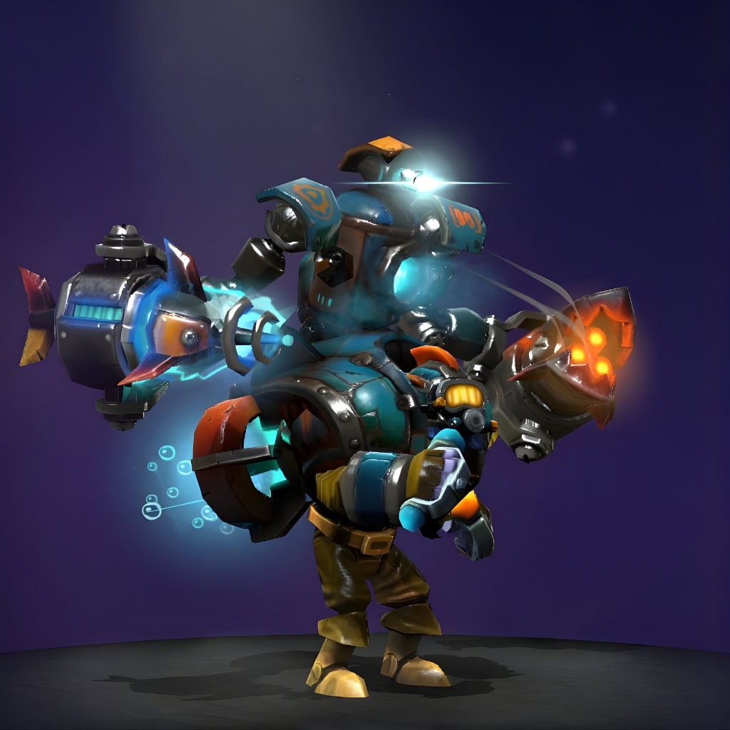 Tinker's "Submerged Hazard" Mythical set from The International 2017 Collector's Cache. This skin reimagines him as a deep-sea automaton in a weathered diving suit, featuring a torpedo cannon that emits blue bubbles and a rocket launcher with an orange glow. He is viewed from the side against a dark background.