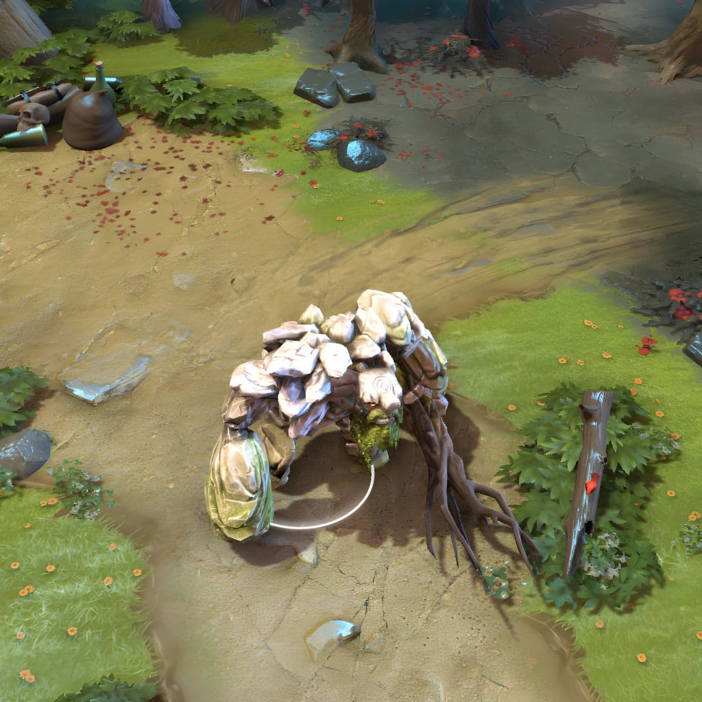 A gameplay screenshot of Tiny's default model in Dota 2. This serves as a baseline to contrast with the powerful silhouette and ancient, deep-sea theme of the Anthozoan Assault cosmetic set.