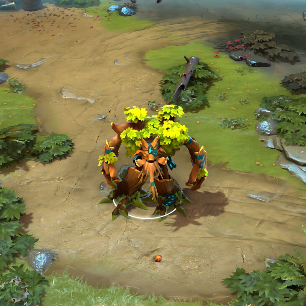 A gameplay screenshot of Treant Protector's default model in Dota 2. This serves as a baseline to contrast with the enhanced in-game visuals, formidable dark horror silhouette, and unique glowing effects of the Grudges of the Gallows Tree cosmetic set, especially during Living Armor and Leech Seed.