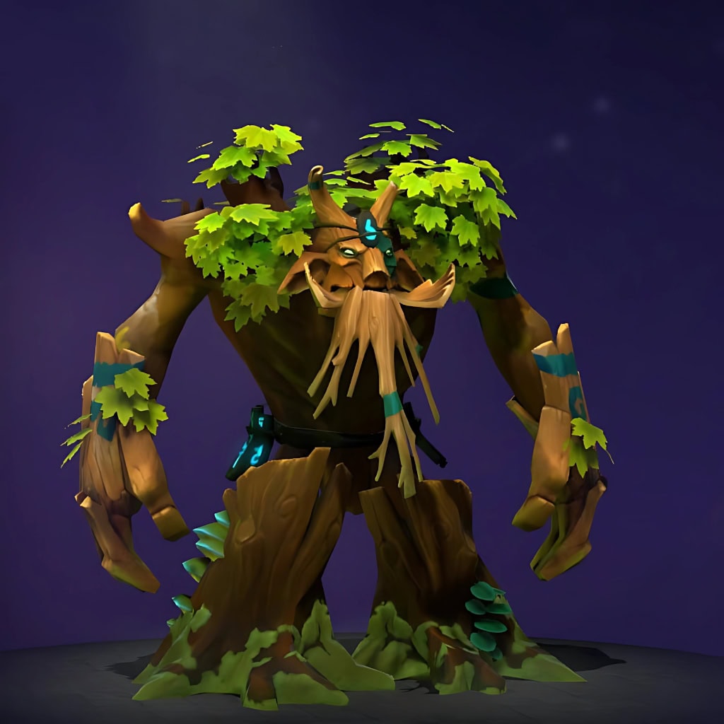 The default skin of Treant Protector, shown for comparison with the Grudges of the Gallows Tree set. This highlights the transformation from a benevolent tree giant to a dark woodland horror with a spectral green core, eerie energy hands, and a haunted gallows/treehouse on his back.