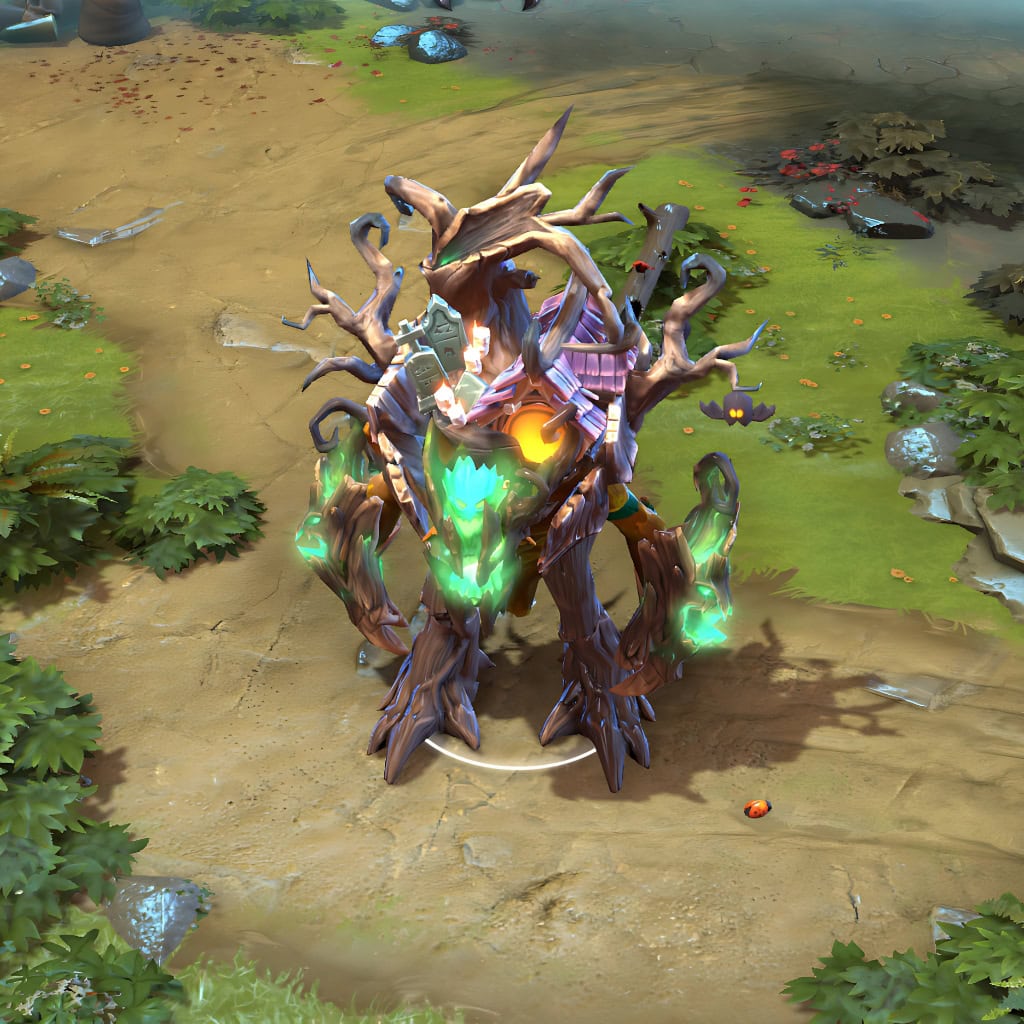 Treant Protector shown in-game wearing the Grudges of the Gallows Tree set. The bright, ghostly green face and energy veins provide a stunning contrast to the dark, weathered bark. The gallows and treehouse on his back, tombstone pauldron, and enormous root-claws are clearly visible, showcasing the set's full grim power and unforgettable presence in teamfights.