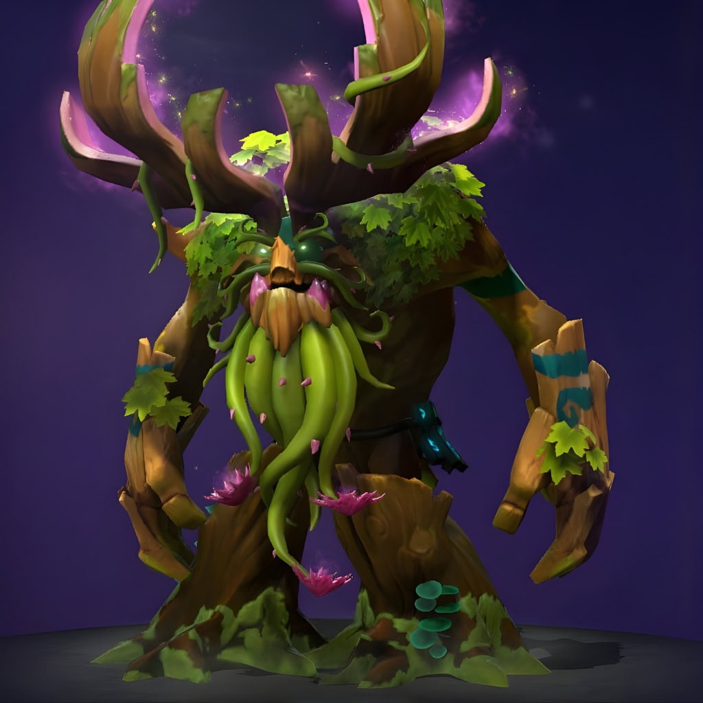 Dota 2 Immortal item, Stuntwood Symbiont, reimagines Treant Protector with a massive pink bloom and a thorny green vine beard.