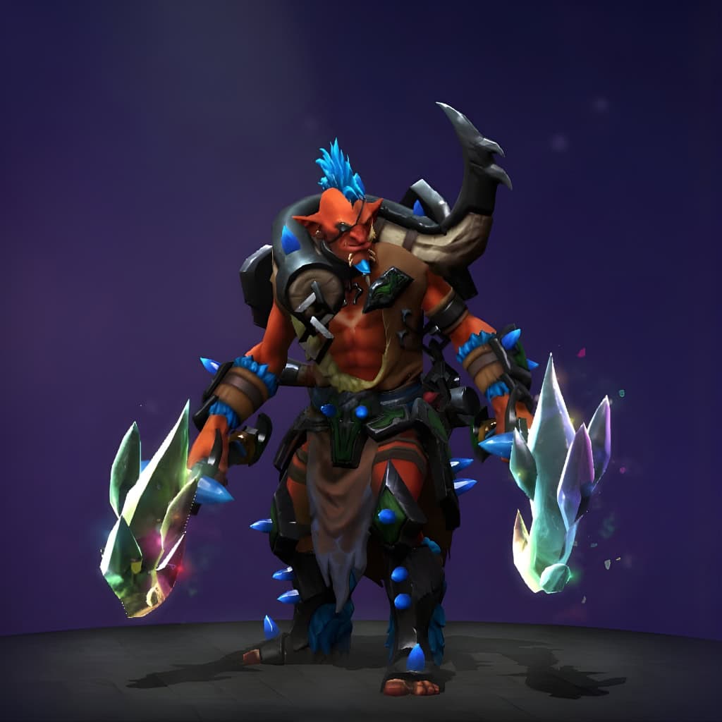 Troll Warlord's "Conspicuous Culprit" set from the Nemestice 2021 Themed Treasure. This set reimagines the hero with striking visual details, including twin crystalline blades shimmering with an otherworldly glow, jagged dark armor studded with luminous blue crystals, and a feral, spiky blue crystalline mohawk.
