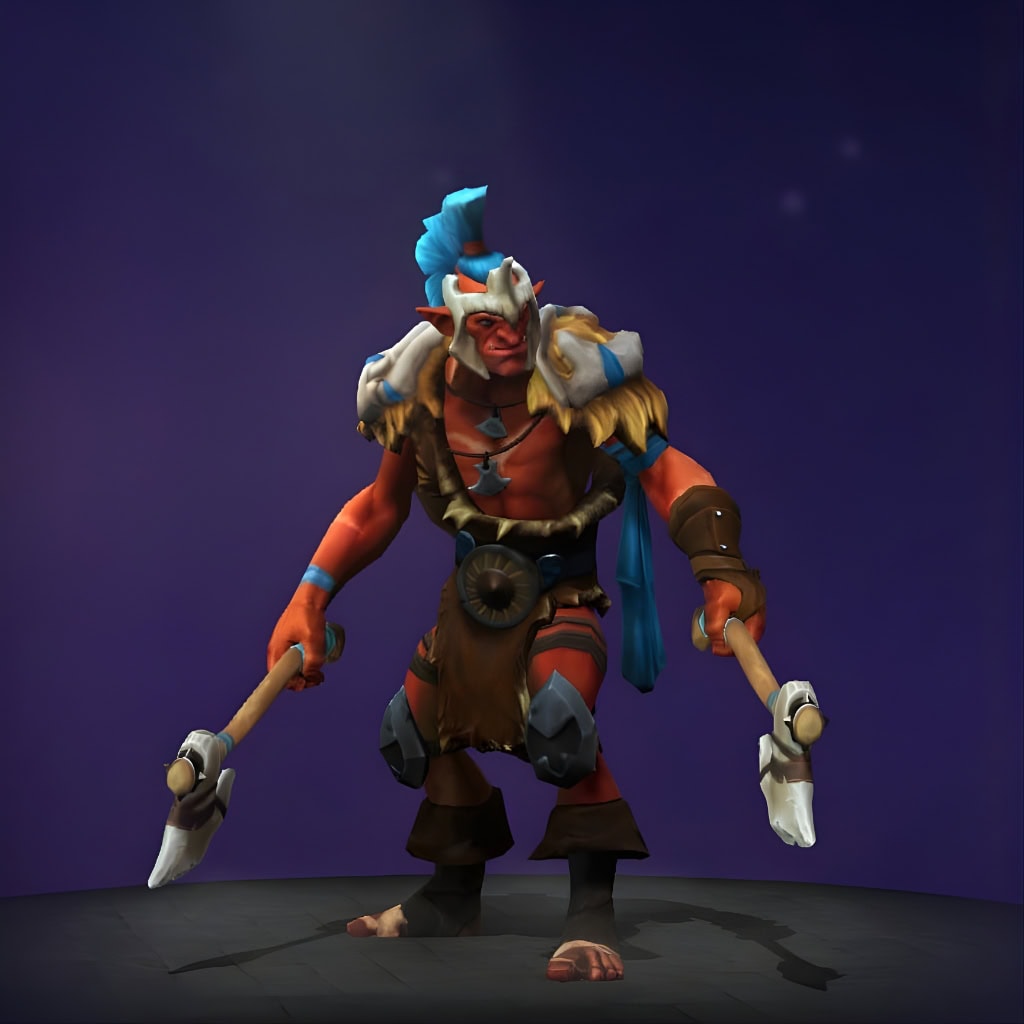 The default skin of Troll Warlord, shown for comparison with the Conspicuous Culprit set. This highlights the transformation into a punk-inspired crystalline warrior, contrasting his standard appearance with iridescent axes, crystal-studded armor, and a vibrant blue mohawk.
