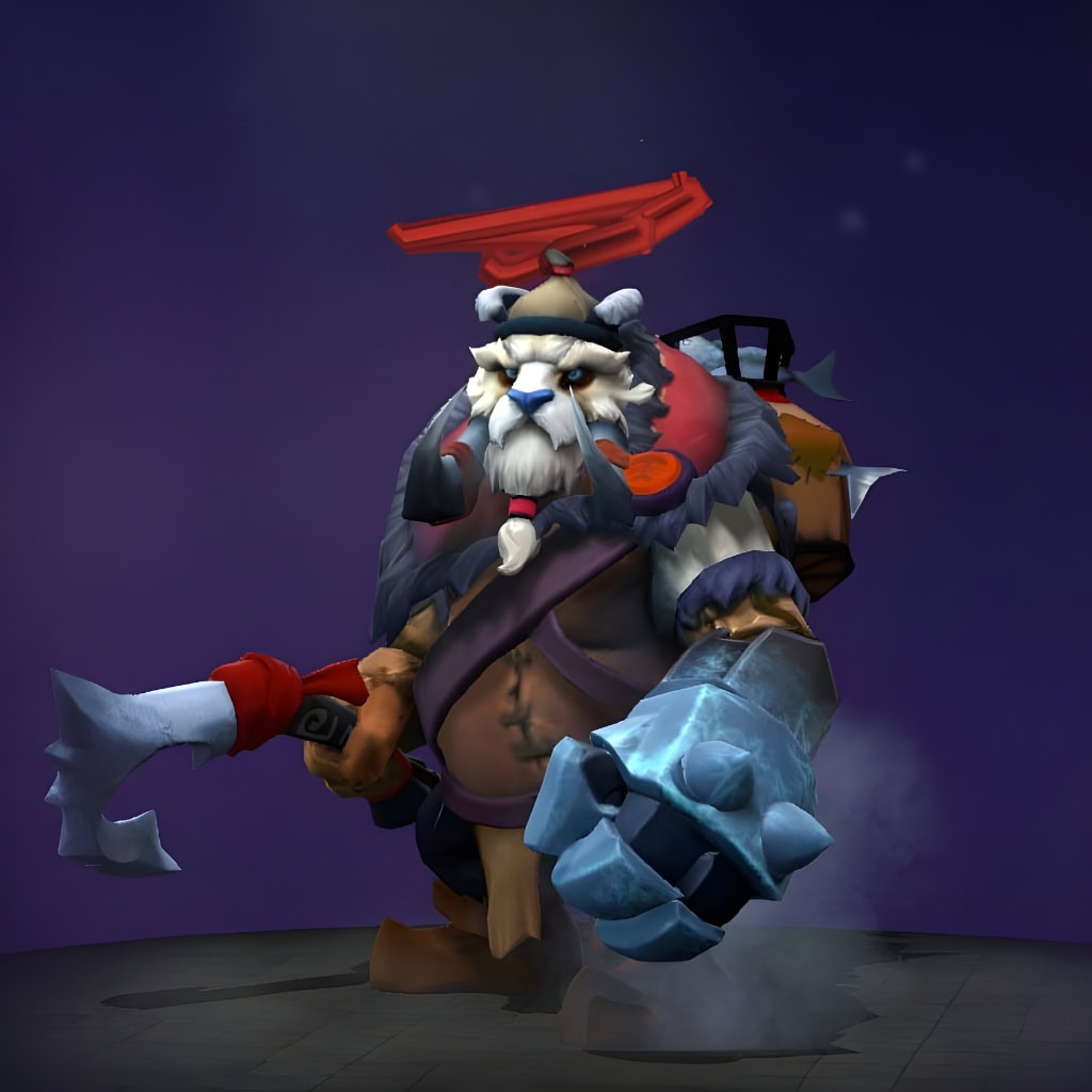The default skin of Tusk, shown for comparison with the Distinguished Expeditionary set. This highlights the transformation into a renowned adventurer with classic explorer's headwear, goggles, a rugged khaki jacket, ornate power gauntlets, and a unique custom totemic Frozen Sigil.