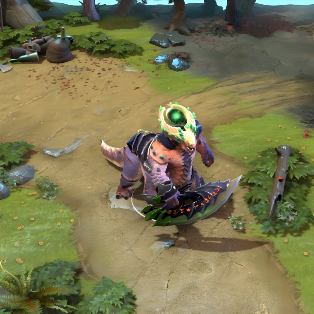 A gameplay screenshot of Underlord's default model in Dota 2. This serves as a baseline to contrast with the complete thematic overhaul and imposing mechanical weaponry of the Raiments of the Obsidian Forge cosmetic set.
