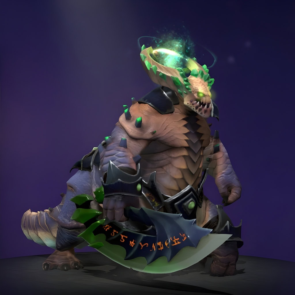 The default skin of Underlord, shown for comparison with the Raiments of the Obsidian Forge set. This highlights the transformation into a heavy-duty, armored war machine with scorched metal plates, massive gauntlets, and a horned helm containing a glowing green energy core.