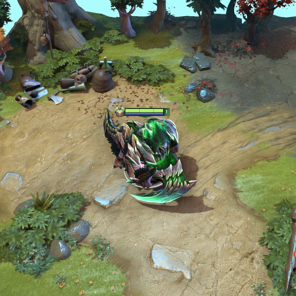 Gameplay screenshot showcasing the Ravenous Abyss set for Underlord from The International 10 Collector's Cache, highlighting his corrupted form, abyssal weapon, and ethereal green glow in action.
