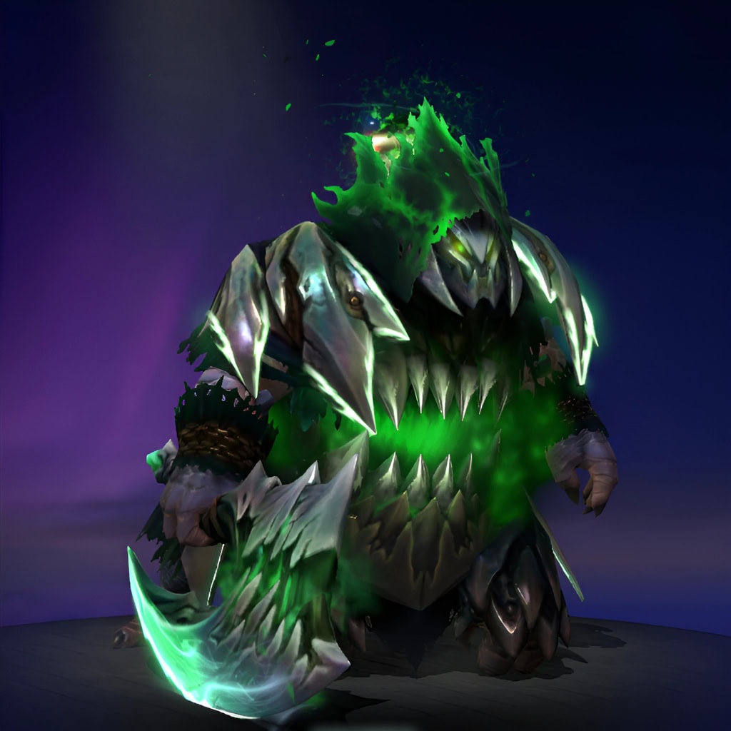 Image of the Ravenous Abyss cosmetic set for Underlord, from The International 10 Collector's Cache in Dota 2, featuring armor that warps into a terrifying, gaping maw with jagged teeth and an eerie glowing green luminescence, complemented by a menacing spiked helm, pauldrons, and a formidable jagged abyssal custom weapon.