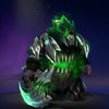 Image of the Ravenous Abyss cosmetic set for Underlord, from The International 10 Collector's Cache in Dota 2, featuring armor that warps into a terrifying, gaping maw with jagged teeth and an eerie glowing green luminescence, complemented by a menacing spiked helm, pauldrons, and a formidable jagged abyssal custom weapon.