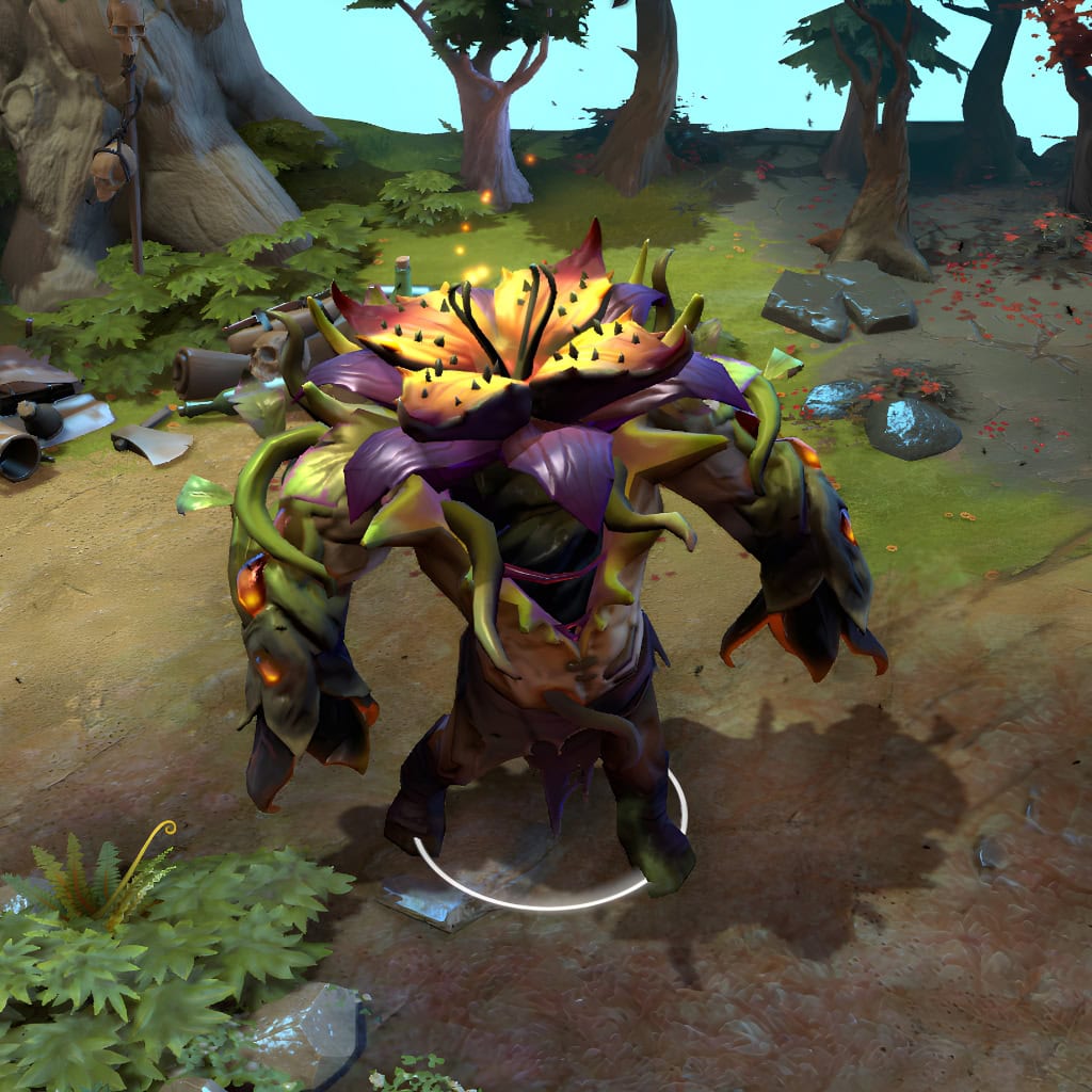 A gameplay screenshot of Undying's monstrous custom Flesh Golem form from the "Curse of the Creeping Vine" set. This ultimate transforms him into a colossal, blooming plant terror, crowned with a terrifying floral head and supported by gnarled, powerful limbs, showcasing its full impact during a match.