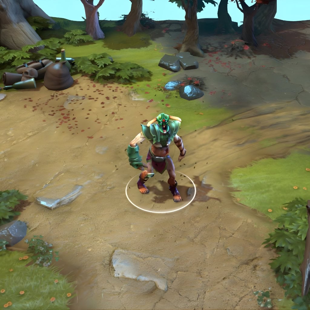 A gameplay screenshot of Undying's default model in Dota 2. This serves as a baseline to contrast with the comprehensive reimagining and unforgettable presence of the Hymn of the Pious Plague set, including a custom Flesh Golem, unique Tombstone, and themed Zombie Horde.