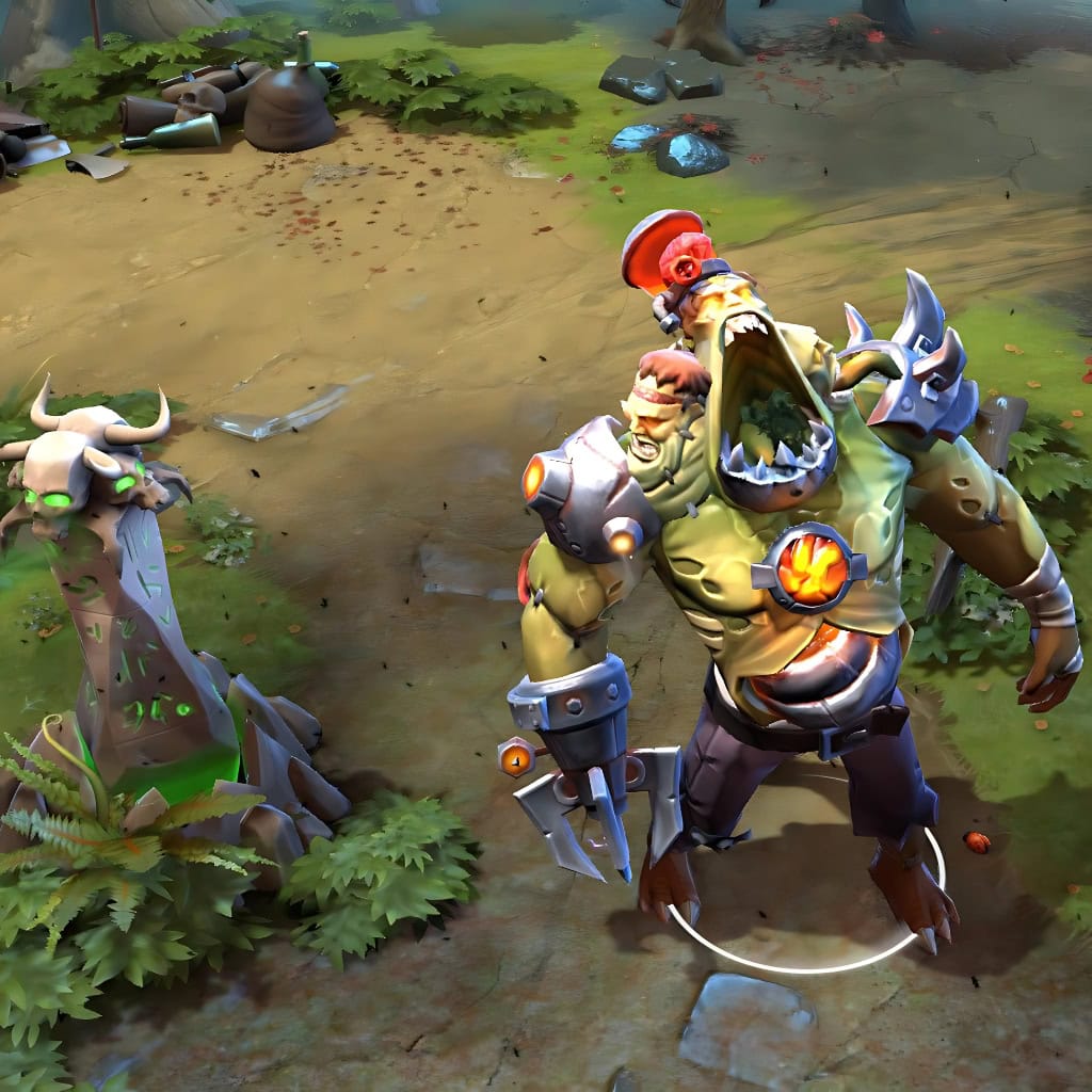 Undying's "Dirge Amplifier" Diretide 2022 Collector's Cache set shown in its custom Flesh Golem ultimate form. He morphs into a custom behemoth, his torso ripped open to reveal a glowing mechanized core as his head expands into a gaping maw flanked by two new snarling faces.