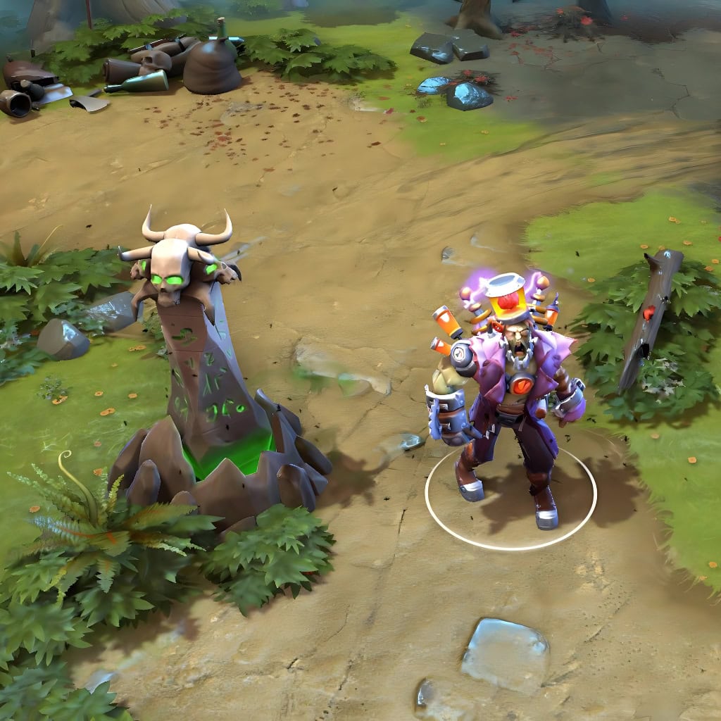 Undying shown in-game wearing the Dirge Amplifier set. He features a grotesque floating brain in a supercharged glass vat, feeding purple energy into crackling Tesla coils, a dilapidated purple lab coat, and a brutal saw-toothed gauntlet, showcasing the set's full horrifying mad science impact.