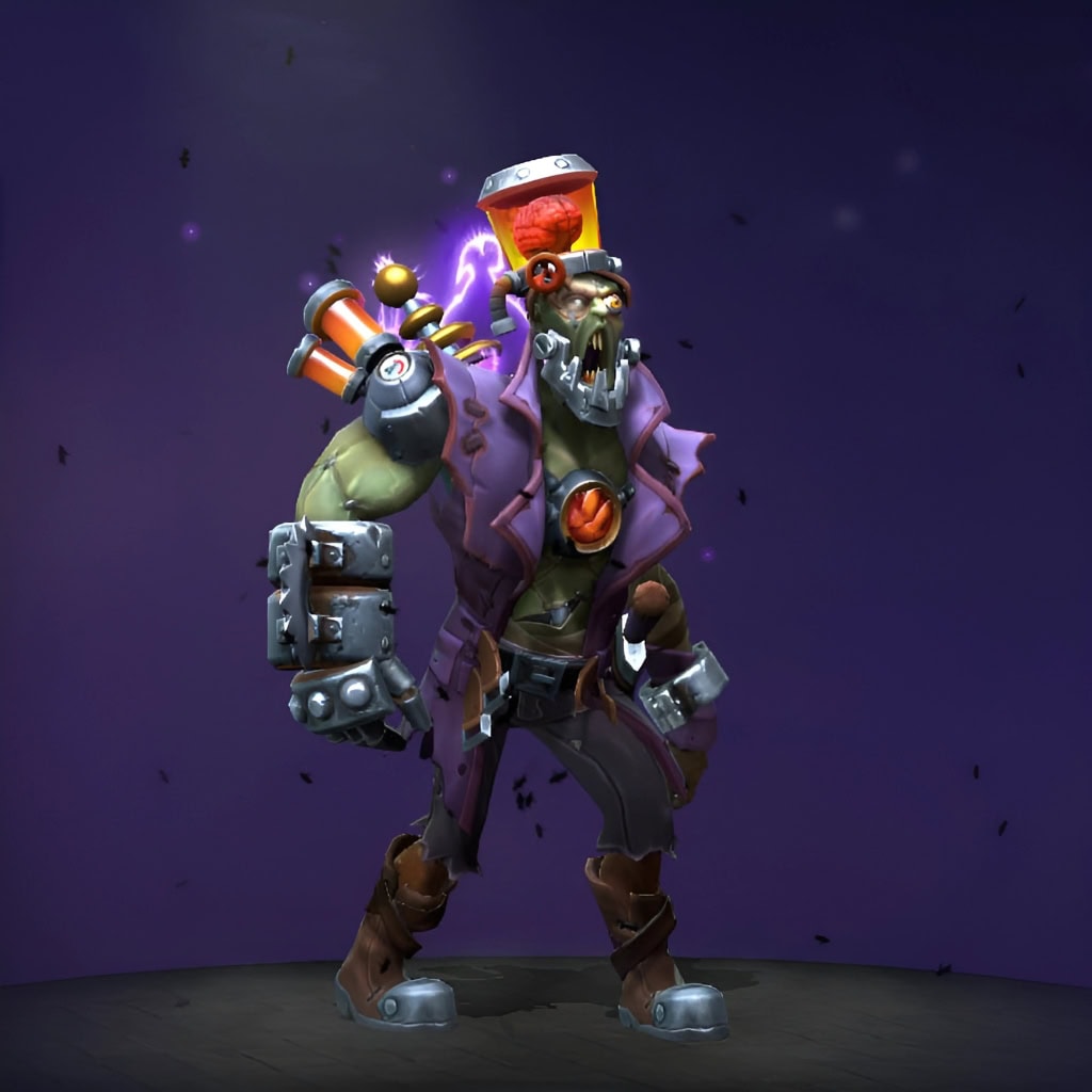 Undying's "Dirge Amplifier" Diretide 2022 Collector's Cache set. Recasts the hero as a bio-mechanical mad scientist experiment with a grotesque floating brain encased in a supercharged glass vat, arcing Tesla coils, a dilapidated purple lab coat, a saw-toothed gauntlet, and a custom Flesh Golem ultimate.