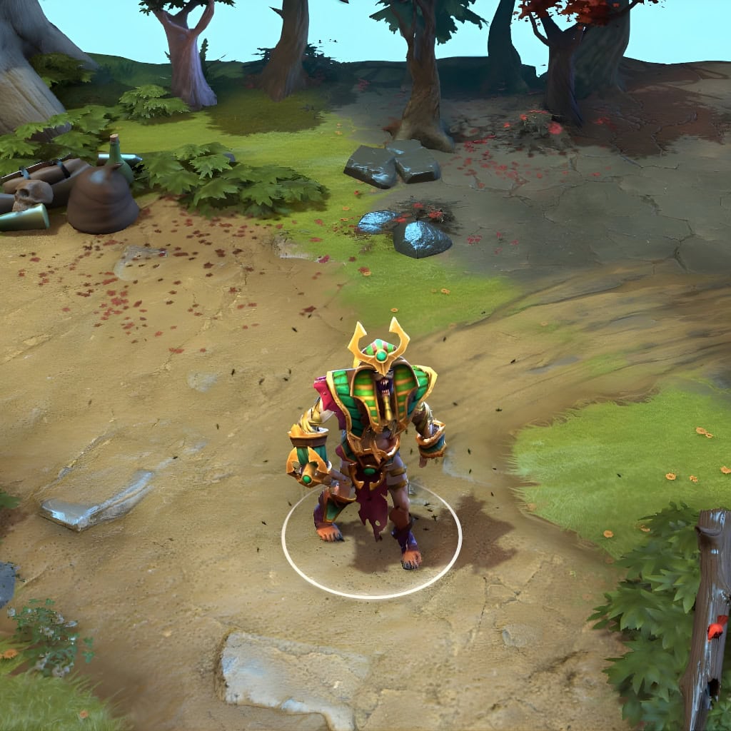 Undying in-game wearing the Dirgeful Overlord set from The International 2016 Collector's Cache. The gold-chased armor with teal enamel, glowing pharaonic crown, and tattered burial wrappings are clearly visible, showcasing its full impact and ominous presence.