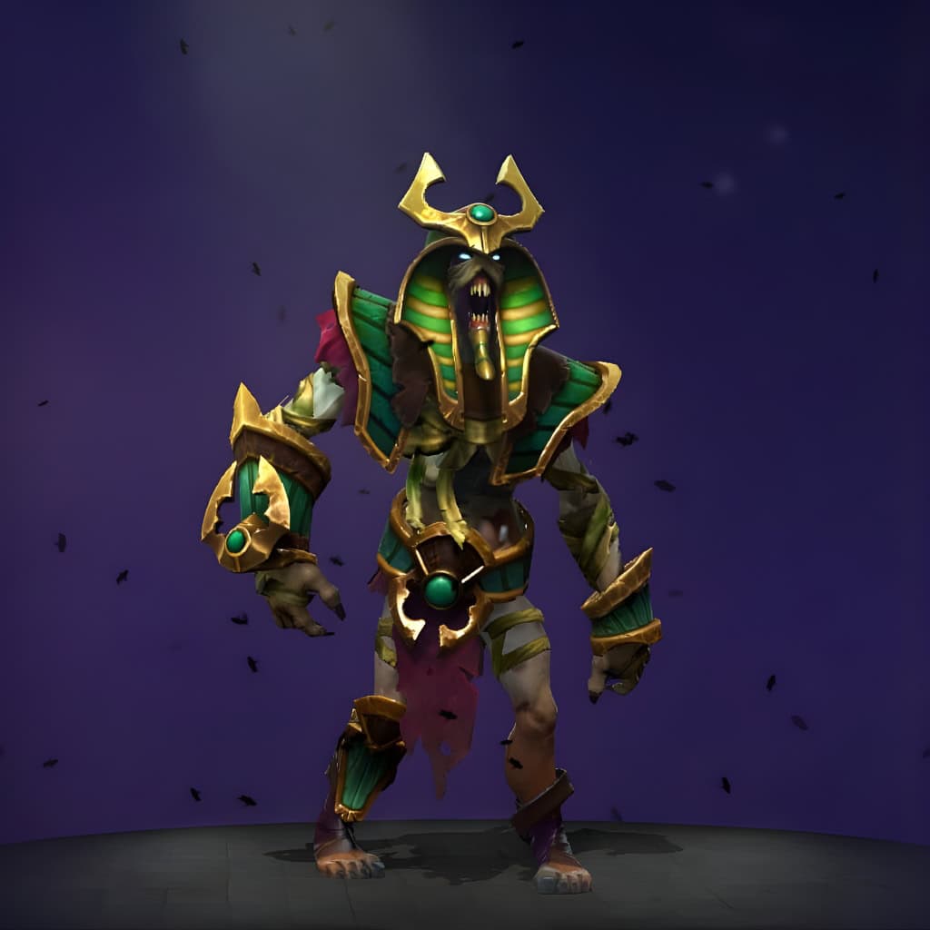 Undying's "Dirgeful Overlord" The International 2016 Collector's Cache set. Transforms the hero into a resurrected pharaoh, featuring intricate gold and green armor with brilliant teal gems. He wears a magnificent pharaonic crown with glowing gems and tattered burial wrappings.