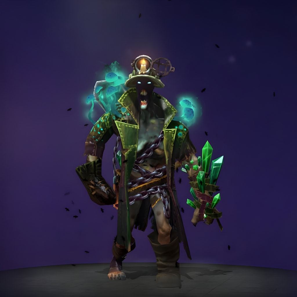 Undying's "Forlorn Descent" The International 2018 Collector's Cache set. This set reimagines him as a cursed miner in a tattered coat and prospector hat. Features eerie, glowing blue bioluminescent mushrooms on his shoulders and a gauntlet made of jagged green crystals.