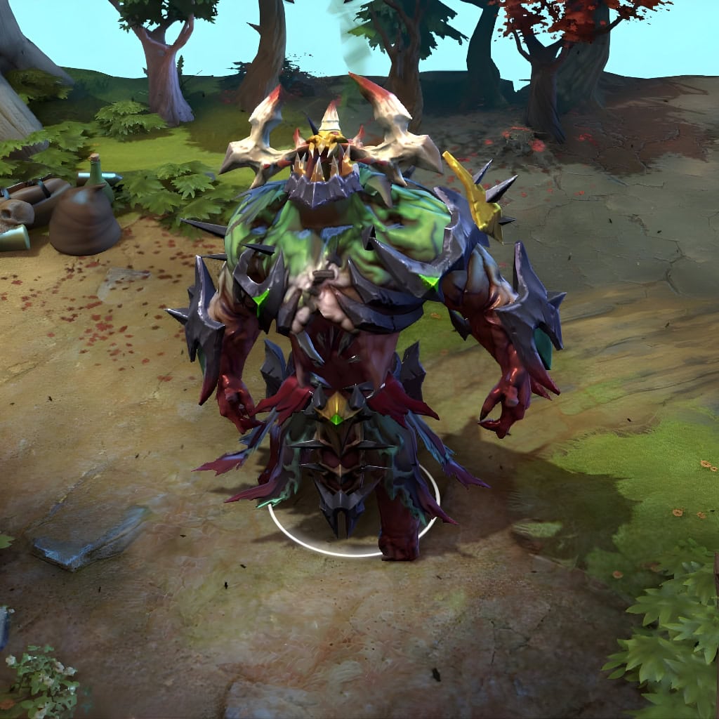 The custom Flesh Golem ultimate form for Undying's "Hymn of the Pious Plague" set. This monstrous titan of plague features a swollen, glowing green torso, dark spiky limbs, and a terrifying head composed of a gaping, bone-spiked maw. This model replaces Undying's standard ultimate appearance.