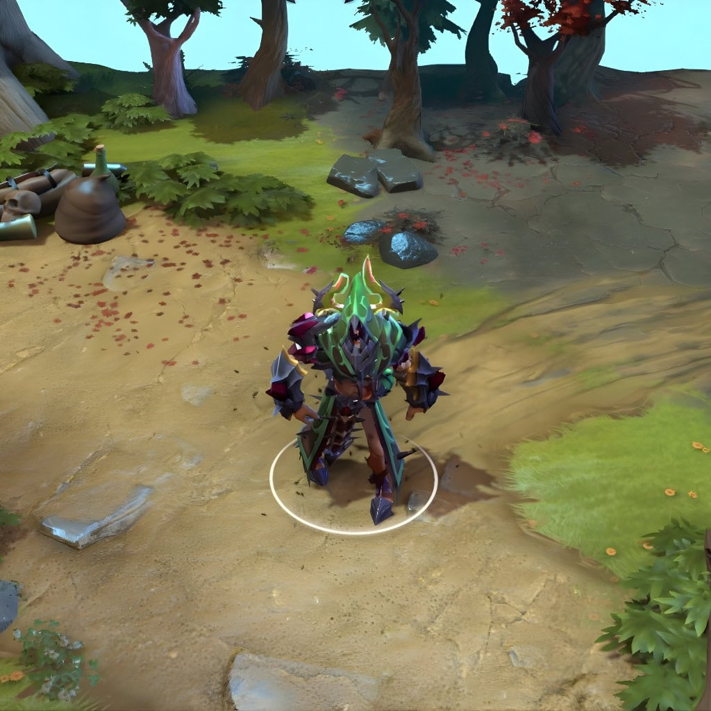 Undying shown in-game wearing the Hymn of the Pious Plague set. His spiky, imposing armor fused with sickly glowing green crystals, thorny crown, and overall corrupted aesthetic are clearly visible, showcasing the set's complete thematic conversion for his standard form and undead army.