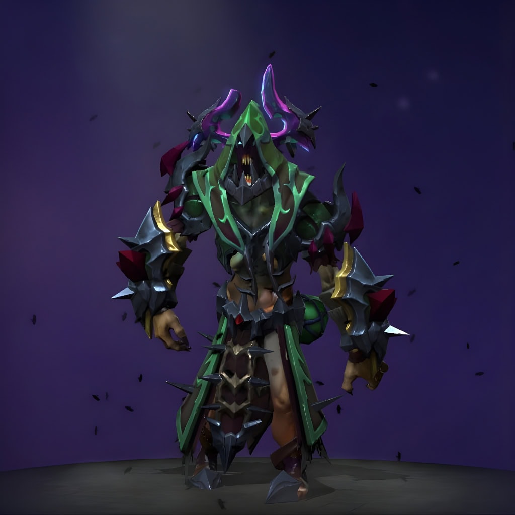 Undying's "Hymn of the Pious Plague" set from the Nemestice 2021 Themed Treasure. This set transforms Undying into a formidable agent of crystalline corruption, featuring sharp, obsidian-like armor fused with sickly glowing green crystals, a thorny crown, and a menacing hooded visage.