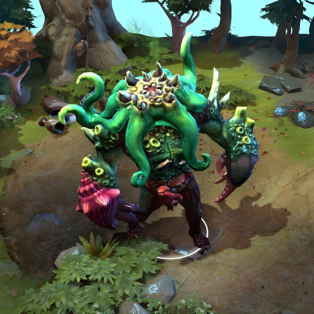 The unique Flesh Golem ultimate form for Undying's "Seablight Procession" set. This transforms him into a colossal deep-sea leviathan, a massive green Cthulhu-like creature with sprawling tentacles and huge pincer-claws, shown dominating the lane in-game.