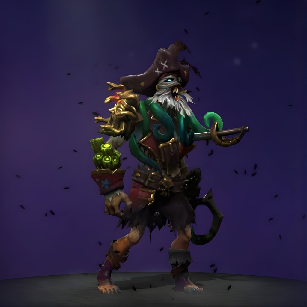 Undying's "Seablight Procession" Mythical set from The International 2017 Collector's Cache. This rare set transforms him into a cursed undead pirate, featuring a waterlogged tricorne hat, green abyssal octopus tentacles, a golden Medusa-visage pauldron, and a glowing green lantern on his arm. He is posed mid-stride against a dark background.