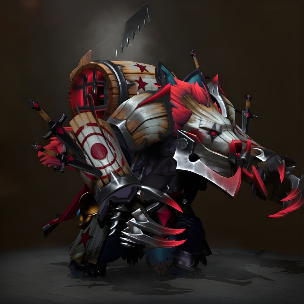 Bloodzo the Bear set for Ursa from the Winter 2024 Heroes Hoard. This Dota 2 skin features clown-like red warpaint, sharp red claws, wooden arm guards with swords, and a large barrel on his back.