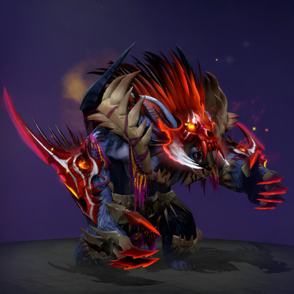 Ursa's "Trophies of the Hallowed Hunt" Diretide 2022 Collector's Cache set. Re-envisions Ursa as a demonic predator with deep indigo fur contrasting blood-red and bone-white armor, a terrifying bared-tooth skull helm, oversized crimson claws, and a back item featuring a massive trophy rack of dark horns centered on a luminous, all-seeing eye.