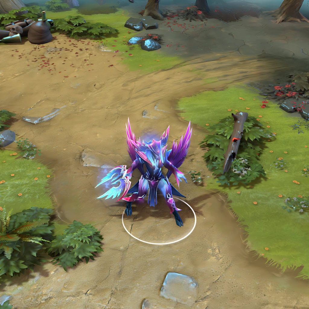 Vengeful Spirit shown in-game wearing the Acrimonies of Obsession set. The magnificent razor-edged wings, ethereal cyan energy from her hair and weapon, and dark, intricate armor with glowing pink details are all clearly visible, showcasing the set's full intimidating and commanding presence on the battlefield.