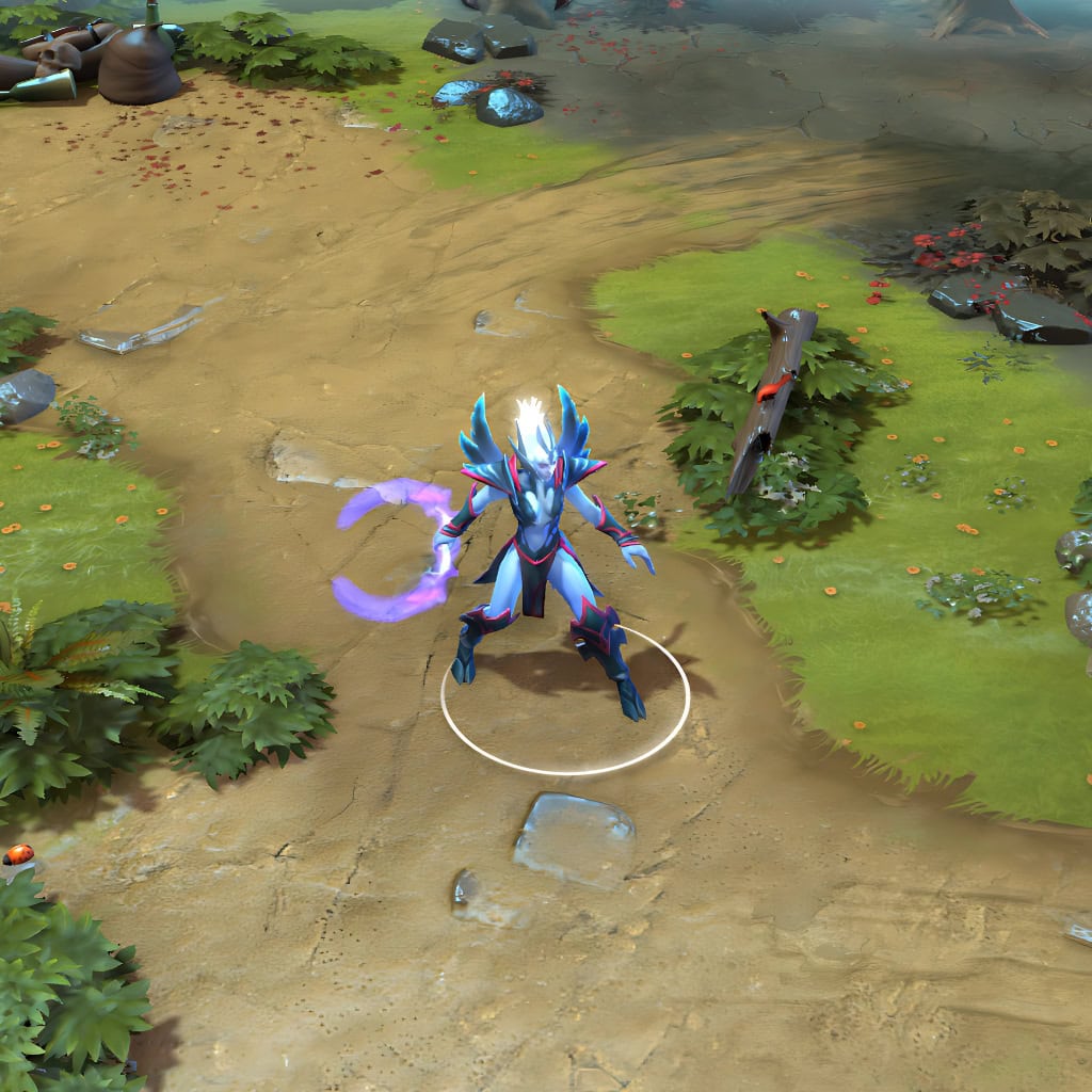 A gameplay screenshot of Vengeful Spirit's default model in Dota 2. This serves as a baseline to contrast with the enhanced in-game silhouette, stunning color palette, and unique ethereal energy effects of the Acrimonies of Obsession cosmetic set.